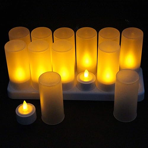 Xmipbs Paquete de 12 velas de té recargables velas LED sin llama con pilas y base de carga velas LED eléctricas para interiores y exteriores fiestas