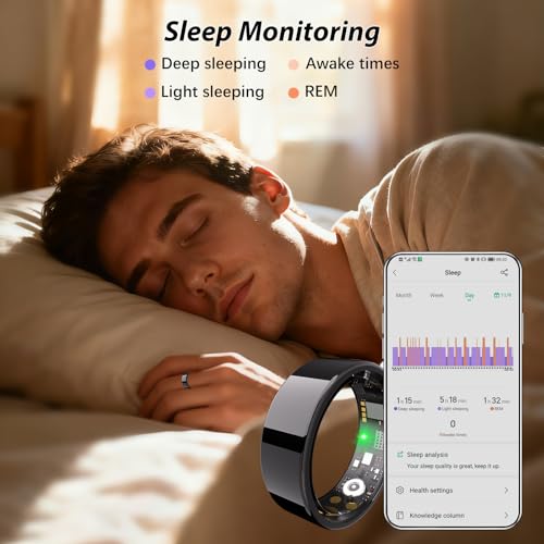 Image of Smart Ring for Women Men Fitness Ring with Heart Rate, Blood Oxygen, Sleep Monitor, Step Tracker, IP68 Waterproof Health Ring for iOS & Android,No Subscription Fee (Black, 8#)