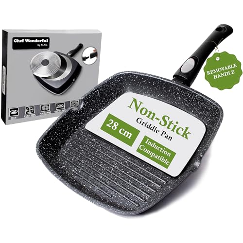 Chef Wonderful Non-Stick Griddle Pan for Induction Hob. Aluminium Steak Pan (28cm) Non-Stick Marble Coating & Detachable Handle. Induction Grill for All Hobs. Suitable for Gas & Oven Grilling.