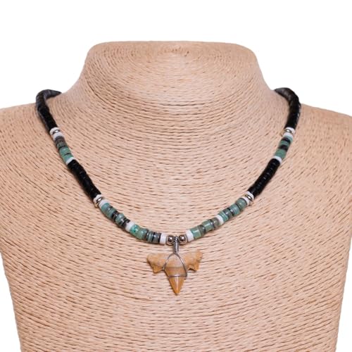 BlueRica Fossil Shark Tooth on Coconut & Shell Beads Necklace (18" 2S)4