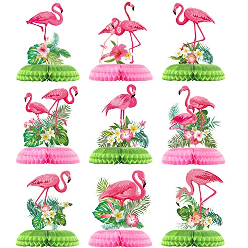 Funtery 9 Pcs Flamingo Centerpieces for Tables Hawaii Luau Honeycomb Centerpieces Flamingo Party Decorations Tropical Aloha Party Table Topper for Kid Birthday Party Supplies Table Decoration
