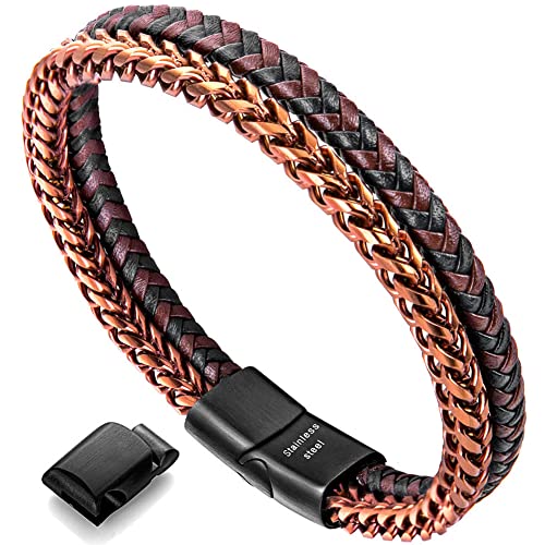 Image of Men's Leather and Steel Chain Bracelet with Clasp
