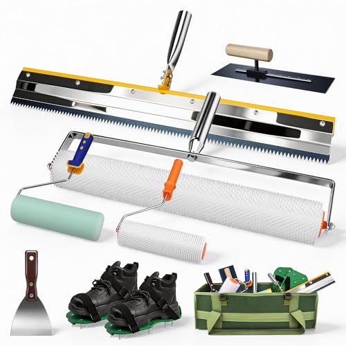Self Leveling Concrete Tool Kit with Floor Squeegee Spiked Rollers Spike Shoes Wooden Handle Floating Trowel Storage Bag Professional Epoxy Floor Leveling Tools for Cement Resin Garage Flooring