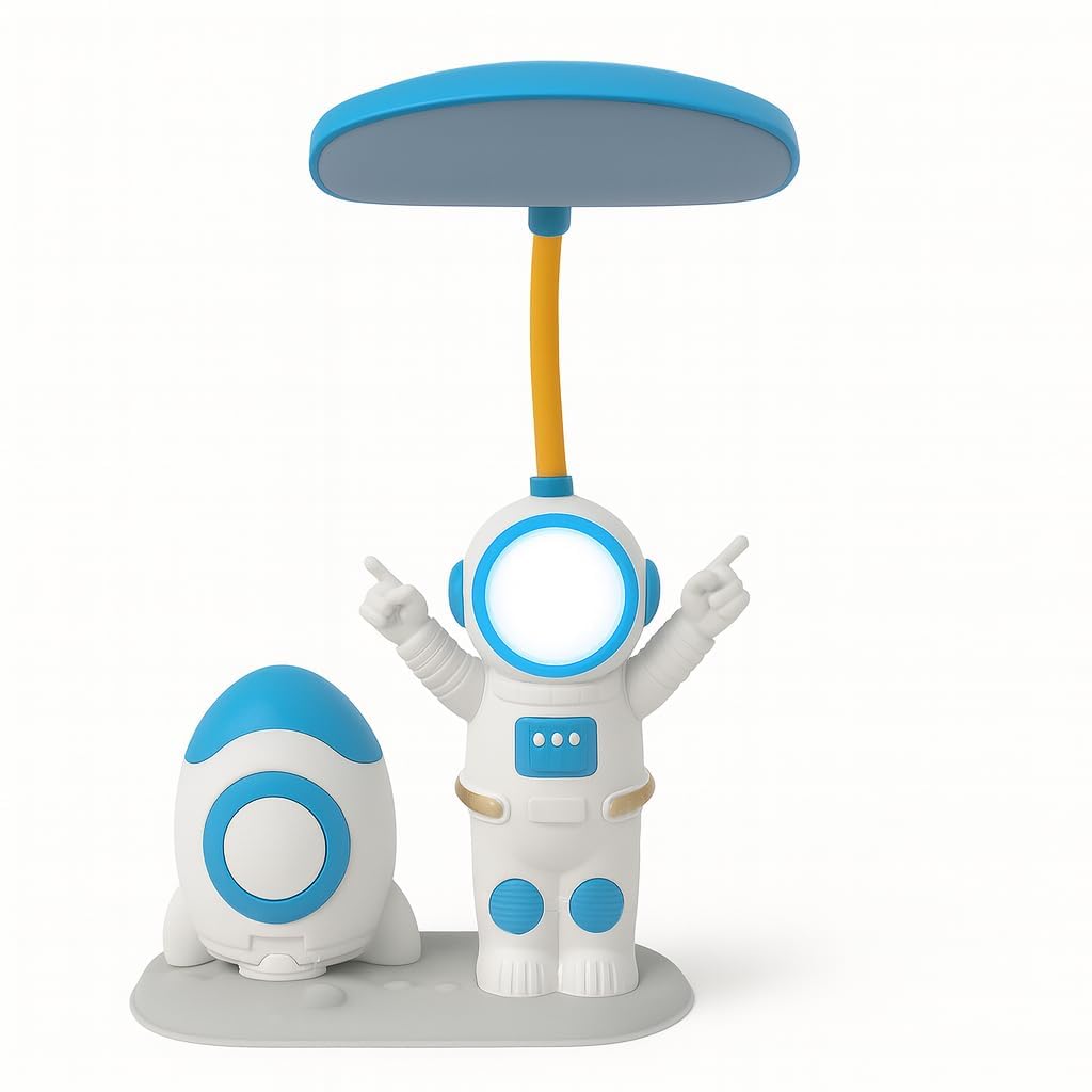 Drumston (15 Years Assured Warranty) Astronaut Rocket LED Desk Lamp with Pen Holder & Sharpener, Rechargeable Study Table Lamp with Adjustable Neck, Eye Protection Night Light for Kids Bedroom Office-image-0