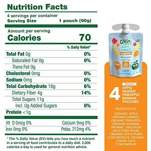 Gogo Squeez Happy Tummiez Organic Apple Mango Pineapple Banana, 3.2 Oz (Pack Of 4), Kids Snacks With Prebiotic Fiber, Gluten Free, Nut Free, Dairy Free Gut-Friendly Snack #TOP7