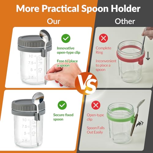 Image of 16 Oz Glass Overnight Oats Containers with Lids and Spoon Chia Pudding Jars | 4 Pack Mason Jars, Leak-proof and Portable, Wide-mouth Design for Storage & Meal Prep Yogurt, Cereals, Fruit, Snack, Sugar