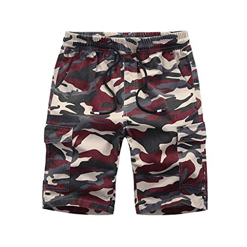 Men's Summer Casual Elastic Waist Loose Fit Camouflage Print Sport Beach Cargo Shorts with Pockets (L, Red)