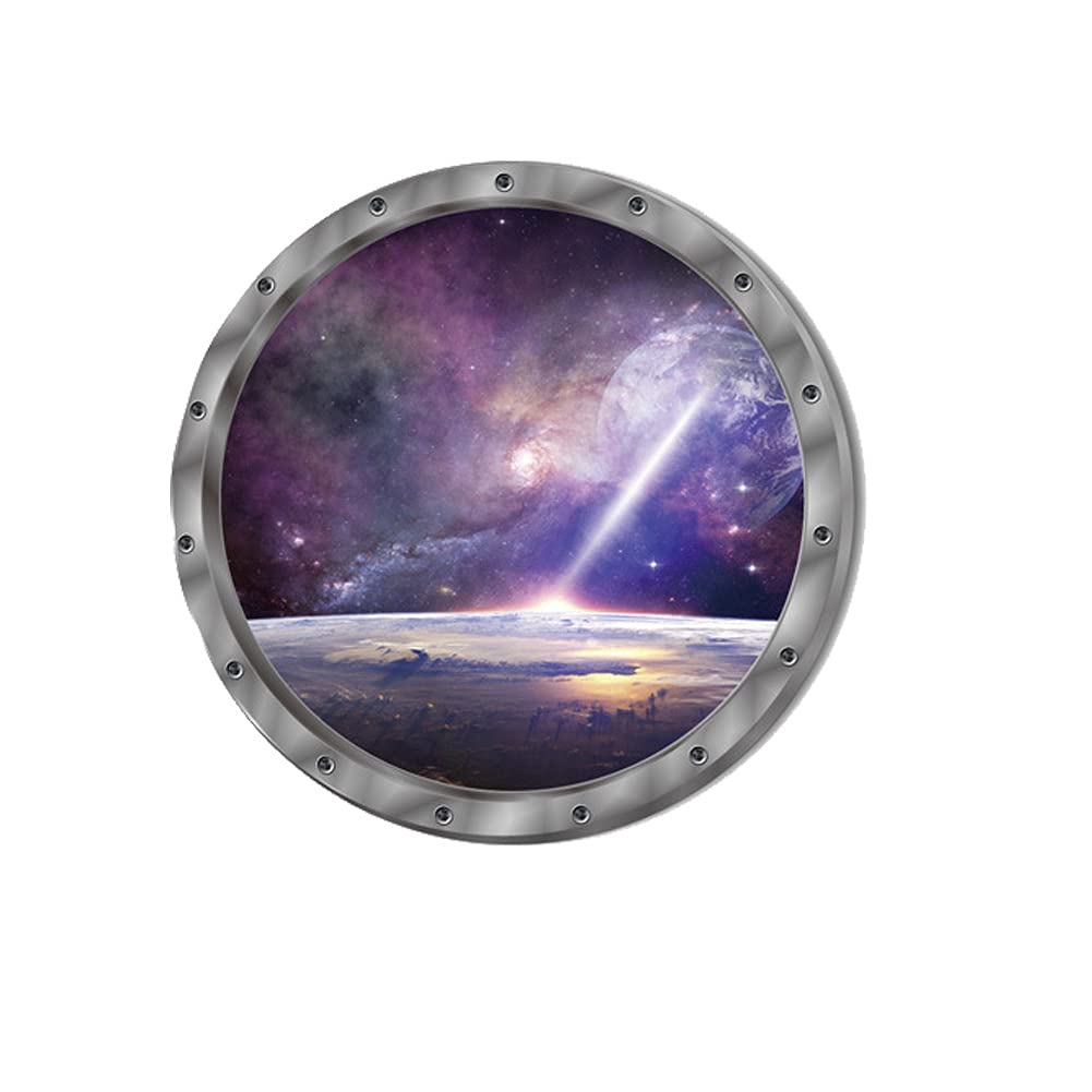 3D Space Galaxy Round Wall Sticker Decal Spaceship Porthole View Scenery - Lighting on
