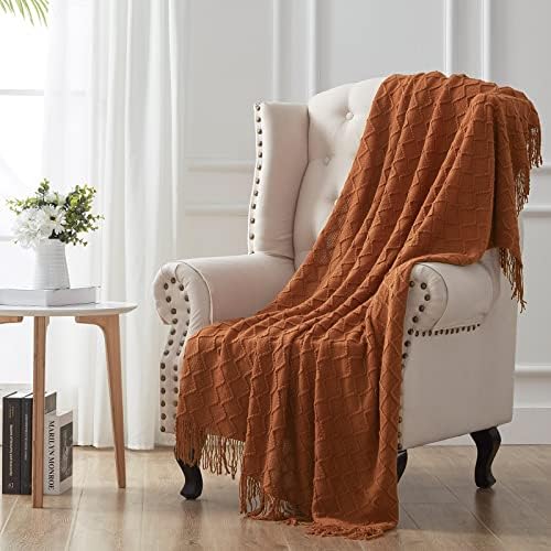SunStyle Home Rust Throw Blanket for Couch 50 x 60 inches - Decorative Knitted Summer Blankets with Tassels - Soft Lightweight Woven Textured Solid Farmhouse Throw for All Seasons
