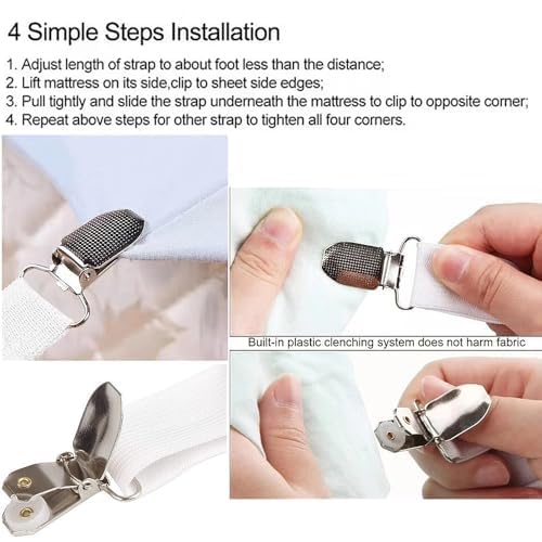 TRIXES White Corner Bed Sheet Clips x2 - Suspender Style Strap Fasteners - Adjustable Elastic Strap & Metal Clip - Image 3