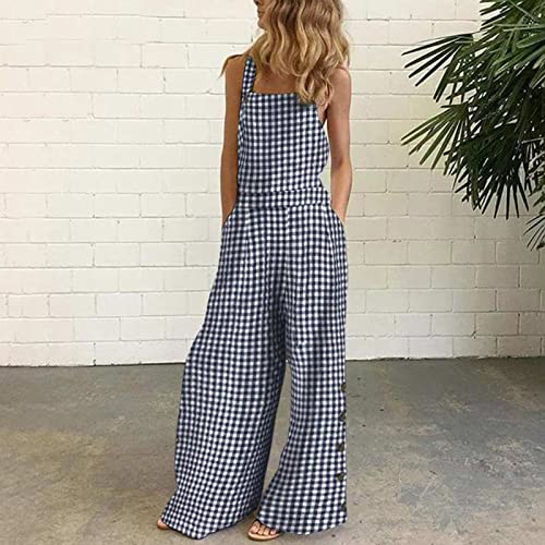 Casual Pants for Women Fall Summer Faux Gauze Linen Loose Fit Overall Plaid with Slit Flared Bell Bottom Jumpsuits Pants One Piece Women 2025 Clothing Fashion XXL2