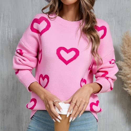 Image of Women Y2k Valentines Oversized Knit Sweater Heart Print Long Sleeve Crew Neck Loose Pullover Tops Streetwear
