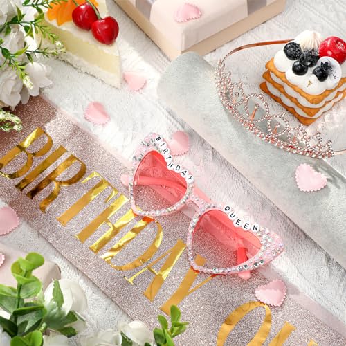 3 Pcs Birthday Queen Accessories Rhinestone Tiara and Sunglasses Queen Sash Glasses Set Birthday Party Favors for Women 21st 30th 40th 60th Party Birth Anniversary3