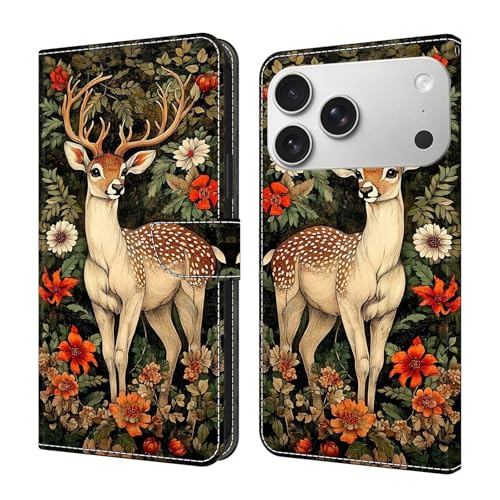 Étui iPhone 14 à rabat magnétique housse portefeuille motif fleur de cerf en cuir