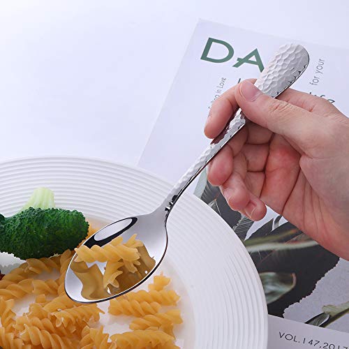8-Inch Dinner Spoon 12 Pcs Dessert Salad Spoon BUY&USE Stainless Steel Hammered Surface Silverware Set for Home Hotel Restaurant, Mirror Polished Dishwasher Safe