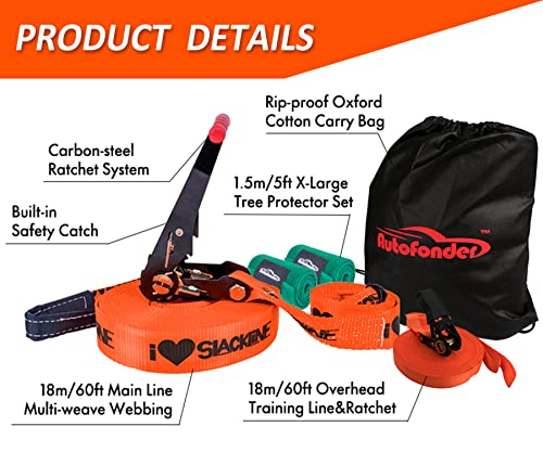 Autofonder Slackline Kit With Training Line-250Lbs Weight Capacity For Adults Children And Beginners-Perfect Slack Line With Tree Protectors Ratchet Cover Instructions And Carry Bag For Tree Backyard #TOP2