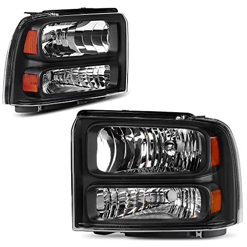 oEdRo Headlight Assembly Compatible with 2005 2006 2007 Ford F250 F350 F450 F550 Super Duty/2005 Excursion, Headlamp with Amber Reflector, Clear Lens Black Housing