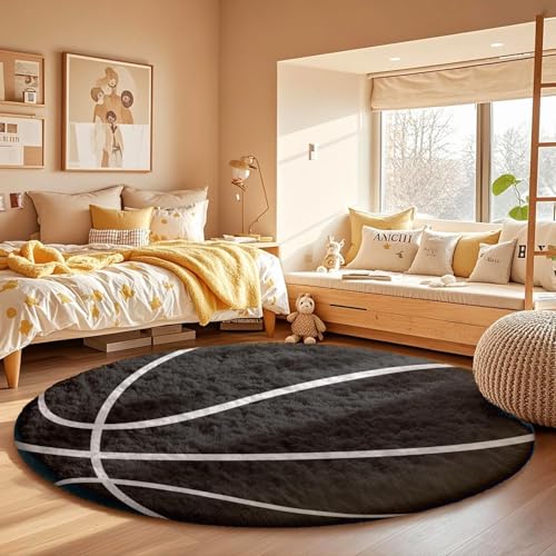 Image of Modern Shaggy Round Rug | Ultra-Soft Plush Circle Carpet for Living Room, Bedroom, Nursery | Fuzzy, Fluffy Area Rug with Non-Slip Base Black Ball 5x5 feet