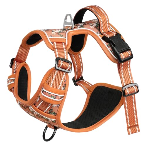 HEELE Hundegeschirr, Hundegeschirre mittelgroße Hunde mit Griff reflektierendes Hundegeschirr gepolstertes Brustgeschirr No Pull Geschirr Hund Verstellbar, Blume-Orange, M