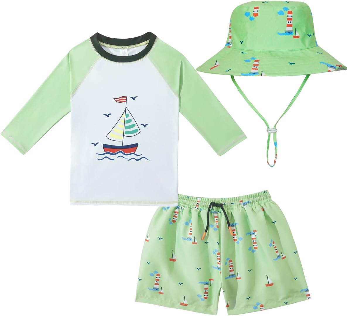Toddlers and Baby Boys' 3-Piece Swimsuit Trunk and Rashguard Sun Hat Set