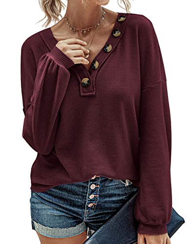 BTFBM Women Waffle Knit Shirts V-Neck Long Sleeve Casual Slouchy Loose Blouses Plain Faux Button Lightweight Pullover (Wine Red, Medium)