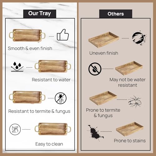 Image of Handcrafted Wooden Serving Tray with Gold Handles | Rustic Cheese Platter Board | Decorative Kitchen & Coffee Table Server | Wooden Snack Tray for Home & Gifting (Rassi Handle Tray)