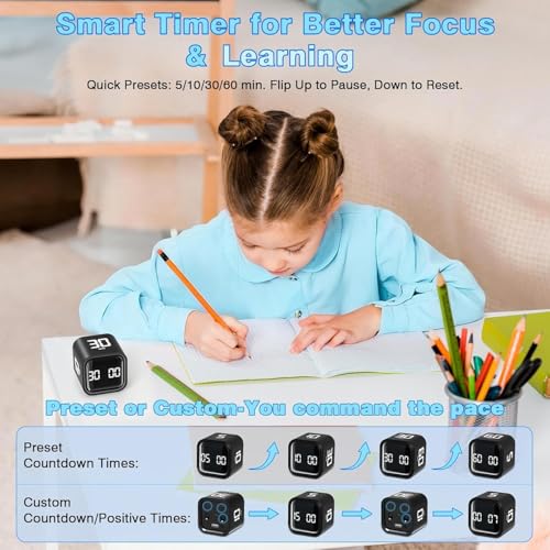Image of Cube Pomodoro Timer, Desk Productivity 5 /10 /30 /60 Minutes & Custom Countdown, Adjustable & Silent Visual Timer, ADHD Tool Flip Rotating Portable Multi Timers for Study Task Work Kitchen School
