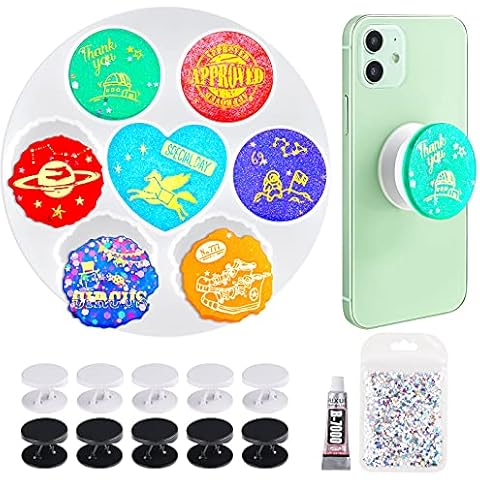 NiArt Phone Grip On Top Epoxy Resin Casting Kit 7 Mix Shapes Silicone Molds+10 Expandable Stand Bases+Glue+Star Sequins Cover