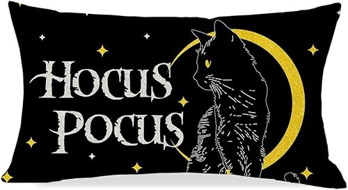 Fundas de almohada de Halloween de gato negro Hocus Pocus, 18 x 18 pulgadas, luna de Halloween, funda de almohada decorativa para otoño, decoración