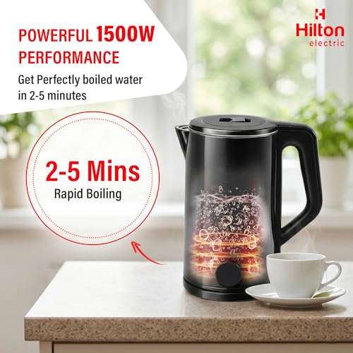 Image of Hilton Premium Black 2 Litre Electric Kettle | 1500-Watt with Stainless Steel Body, Cool Touch Handle, Auto Switch-off Mechanism for Boiling Water, Tea, Coffee & instant noodles
