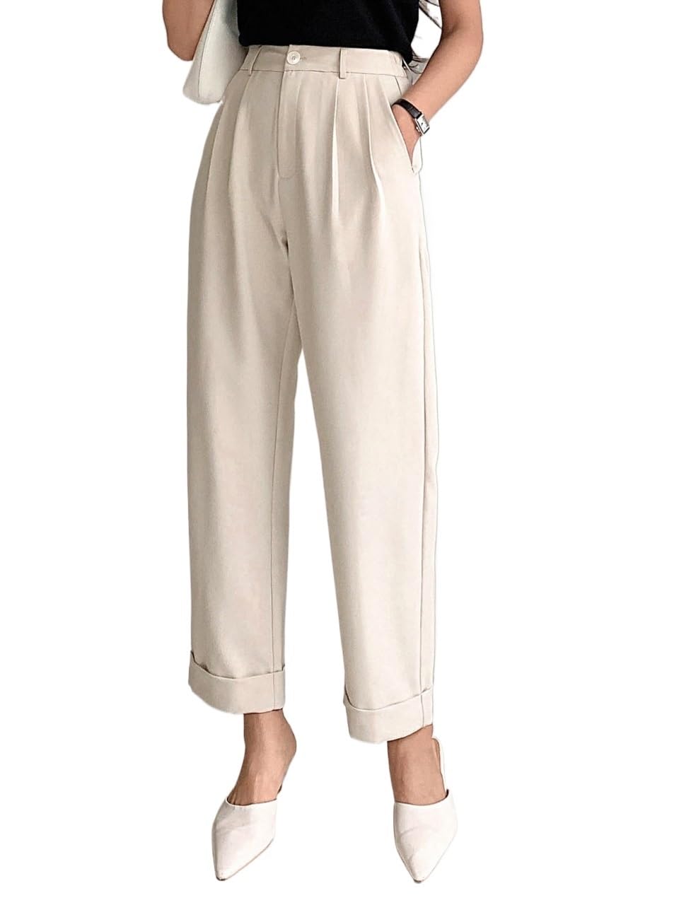 Casual Pants for Women High Waist Plicated Detail Roll Hem Pants Work Casual Pants