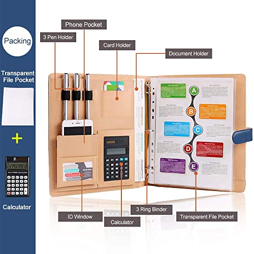 Leather 3 Ring Padfolio With Calculator Blue Professional Portfolio Binder Organizer Briefcase Personalized Document Folder #TOP2