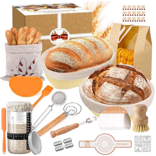 31 Piezas Banetones Para Pan, Kit Completo de Panadero,Cesta de Fermentación para Pan Con Cuchillo de Panadero, Tela de Lino, Funda, Raspador de Masa y Cepillo para Principiantes y Experimentados