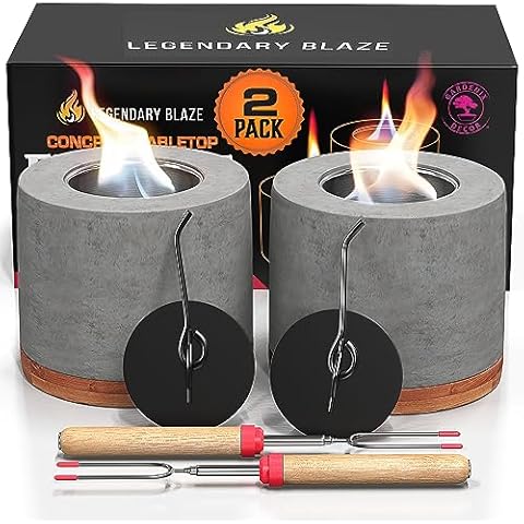 2 Pack Gardenix Decor Concrete Tabletop Fire Pit with Bamboo Base; Burns Ethanol and Multiple Fuels; 2 Extending Marshmallow Roasting Stick Forks; Table Top Fire Pit Bowl/Mini Tabletop Fireplace Cover