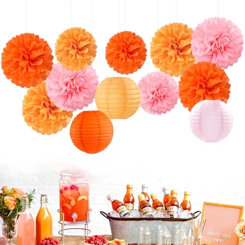 Image of Pink-Orange Groovy Party-Decorations Paper-Flowers Lanterns - 15PCS Baby Shower Tissue Pom Poms Streamers, Fall Wedding Boho Birthday Bridal Bachelorette Sunset Hanging Supplies Decor Hugfond