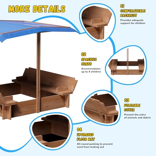 Children\'s Wooden Sandbox with Adjustable Canopy and 2 Foldable Bench Seats, Children Outdoor Wooden Playset, Kids Sandbox with Canopy for Backyard, Patio, Garden