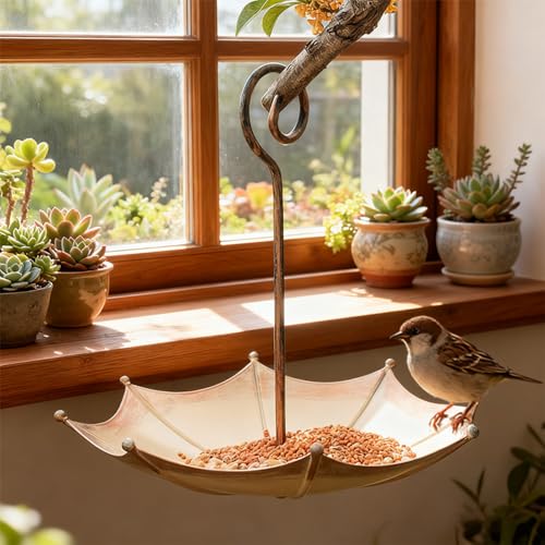 ChenShuo Umbrella Shaped Hanging Bird Feeder, Wild Birds Water Bowl Bath, Hummingbird Feeder Tray for Outside, Garden Decoration Gift for Backyard Yard Balcony Porch Courtyard, Vintage Copper by CHENSHUO - Used condition - Image 5