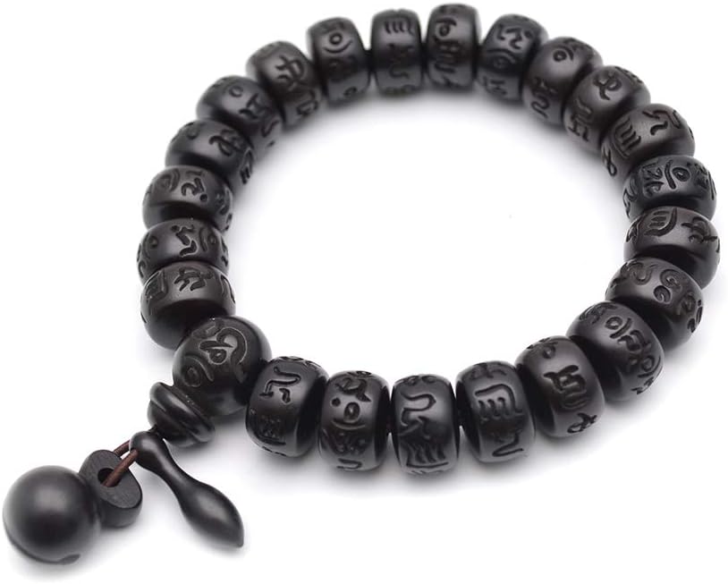 Natural Black Jujube Wood Rondelle Beads Bracelets Carved Words Om Mani Padme Hum