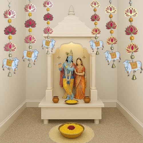 Image of Temple Decoration Item| Backdrop for Pooja Decor| Diwali Decoration Item| Hanging for Home Decoration| Wall Hanging Temple| Lotus Hanging for Home Decor| Ganpati Decor| (2, Lotus & Cow)