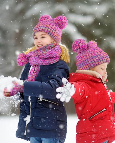 HONGTEYA 4 Pcs Kids Winter Hat Gloves Scarf Set, Thicken Warm Toddler Beanie Mittens Neck Warmer Set for Boys Girls 3-153