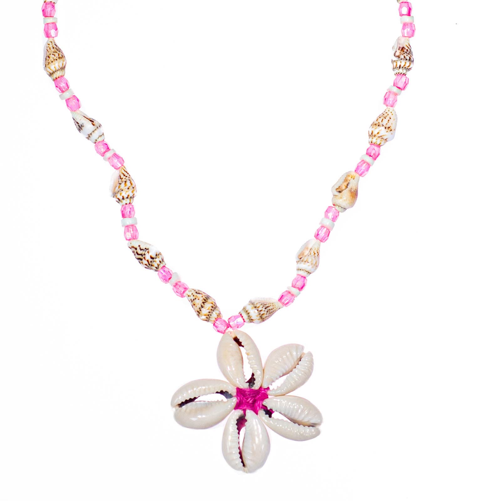BlueRica Cowrie Shells Flower on Tiger Nassa & Puka Clam Shells Beads Necklace with Pink Beads, shell