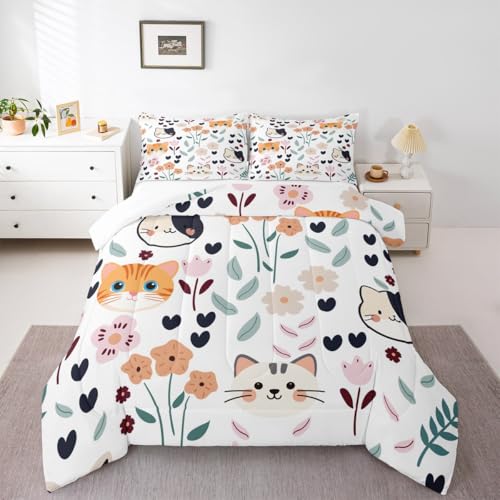 Image of Feelyou Cute Kitten Cat Comforter Set Toddler Size, Cartoon Cat Comforter Set Toddler Size Kawaii Cats and Flowers Comforter for Kids Toddler Cat Lover's Animal Duvet Set Lightweight Quilt Set