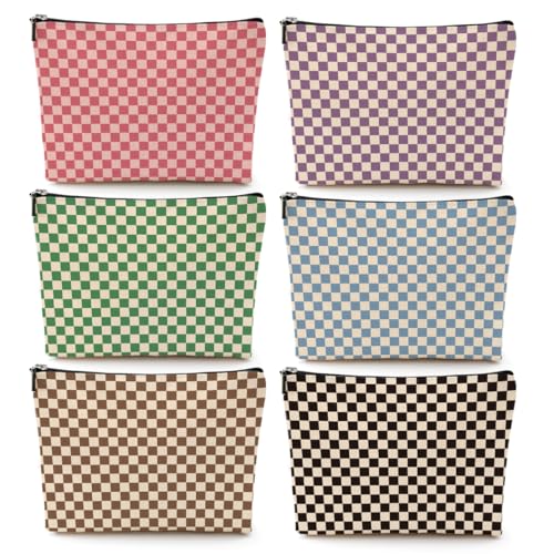 6 Pcs Checkered Makeup Bags Make up Bag Cosmetic Bags for Women Girls Sister Bridesmaid Friendship Christmas Birthday Travel Toiletry Bag Aesthetic Zipper Organizer Accessories, Cute Retro Plaid