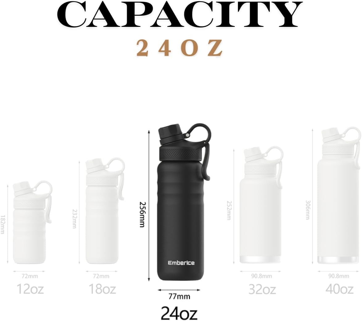 EmberIce double wall Insulated Stainless Steel Water Bottle with Straw, Lid, 12hr Hot and 24hr Cold Drinks, 24 oz (Black, 24 oz)