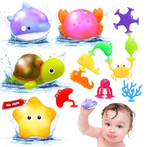 Image of Baby Bath Toys for Kids Ages 1-3,Mold Free Silicone Suction Cup Toys for Toddlers 2-4,No Hole Light Up Ocean Animal Bathtub Sensory Toys for Babies 6-12 Months,Whale Floating Toy Gifts for Boys Girls