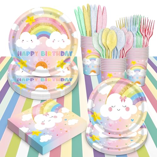 AWLZJZQA 169 PCS Rainbow Party Decorations Serve 24 Guests Pastel Rainbow Plates and Napkins Party Supplies Dinnerware Sets for Girls Kids Adults Colorful Decor Themed Baby Shower