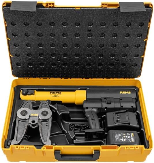 Rems Akku-Press XL 45Kn 22V crimping tool and accessories in an open yellow L-Boxx case.