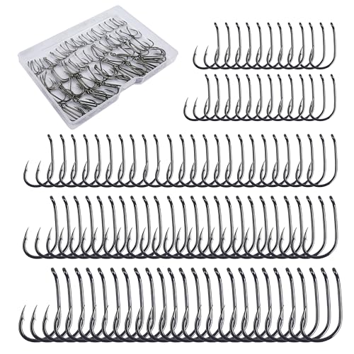 Juego de 100 anzuelos de pesca de acero al carbono para carpas, juego de aparejos de pesca de carpa, ganchos circulares con caja para agua salada, accesorios de pesca de agua salada, tamaños 2, 4, 6,