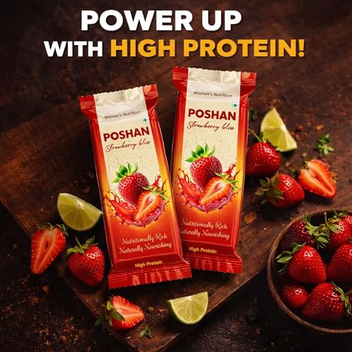 Image of POSHAN Women's Strawberry Nutrition Protein Bar, 40 g | 8g Protein with 4G Fiber |No Added Sugar, 100% Vegetarian & Gluten-Free| Made with Dates, Ragi and Superfoods| No Trans Fat| Pack of 1
