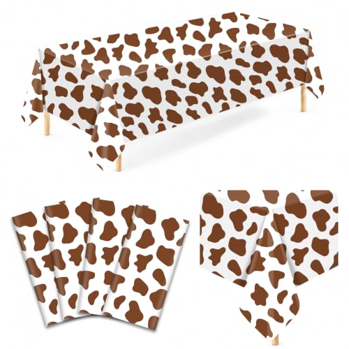 Image of 4 Pack Brown Cow Print Plastic Tablecloths, 54 x 108 Inch Table Covers